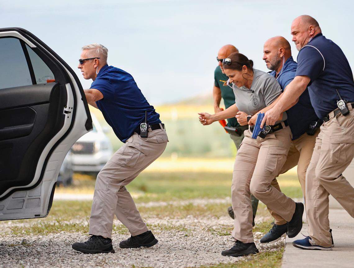 Law enforcement officers participate in drills as the Diplomatic Security Service Miami Field Office is providing dignitary protection training to law enforcement partners from the Miami-Dade Police Department, the City of Miami Police Department, and the Broward County Sheriff’s Office at the Miami-Dade Public Safety Training Institute on Wednesday, Nov. 10, 2021, in Doral, Florida.