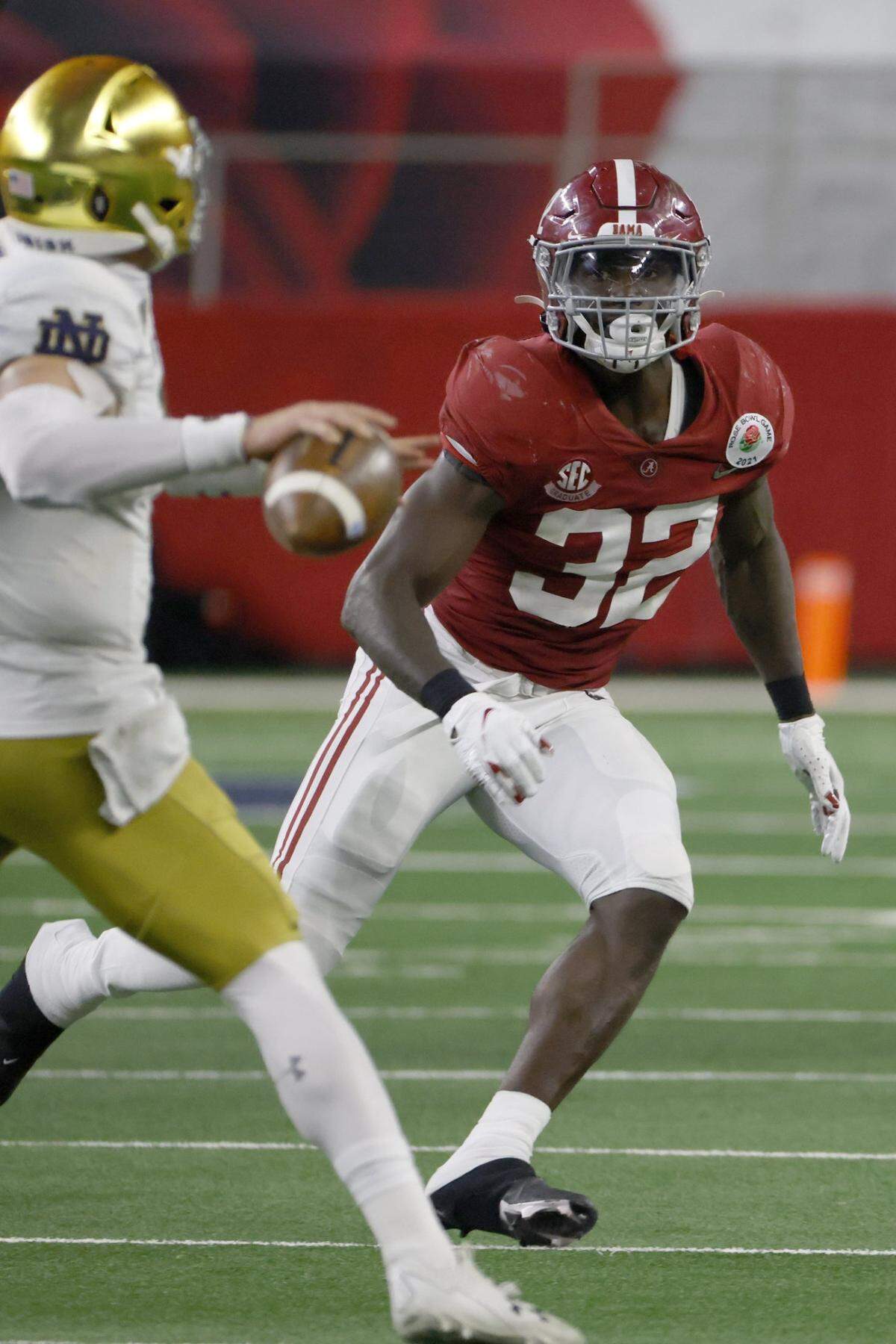 Alabama linebacker Dylan Moses (32) plays against Notre Dame during the Rose Bowl NCAA college football game in Arlington, Texas, Friday, Jan. 1, 2021. (AP Photo/Ron Jenkins)