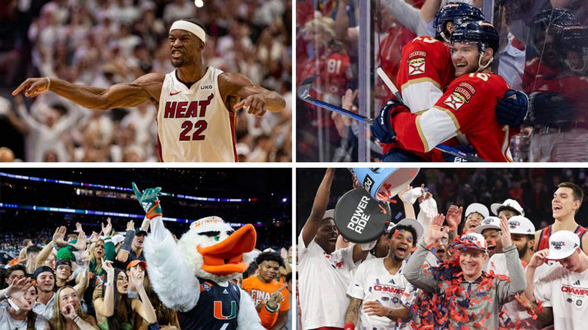 South Florida sports excelled in April behind the Miami Heat, top left, and Florida Panthers, top right, playoff upsets, and the Hurricanes, bottom left, and FAU’s, bottom right, historic Final Four runs.