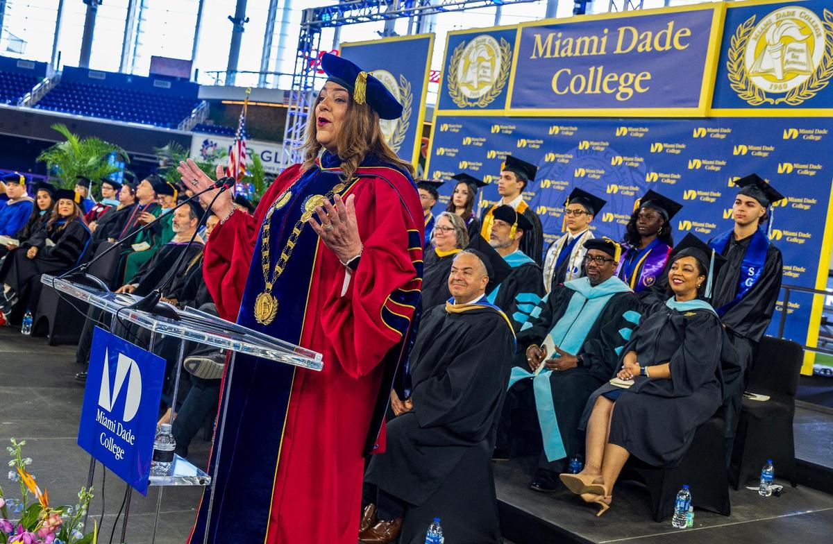 MDC President Madeline Pumariega confers degrees for graduating students during Miami Dade College’s North, Hialeah and West Campuses 2025 commencement ceremonies at LoanDepot Park, in Miami on Saturday, April 26, 2025.