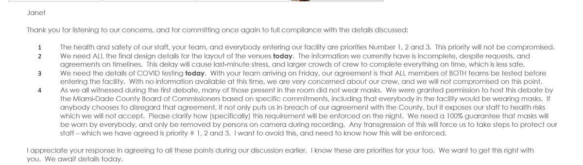An Oct. 7 email from Arsht CEO Johann Zietsman to Janet Brown, director of the Commission on Presidential Debates, about COVID-19 precautions at the planned Oct. 15 presidential debate in the Miami theater.