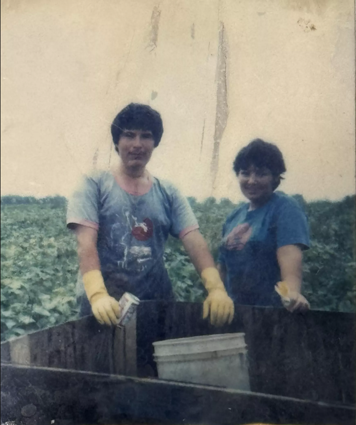 Guadalupe Lamas with her husband Luis picking produce shortly after she gave birth to her second child.