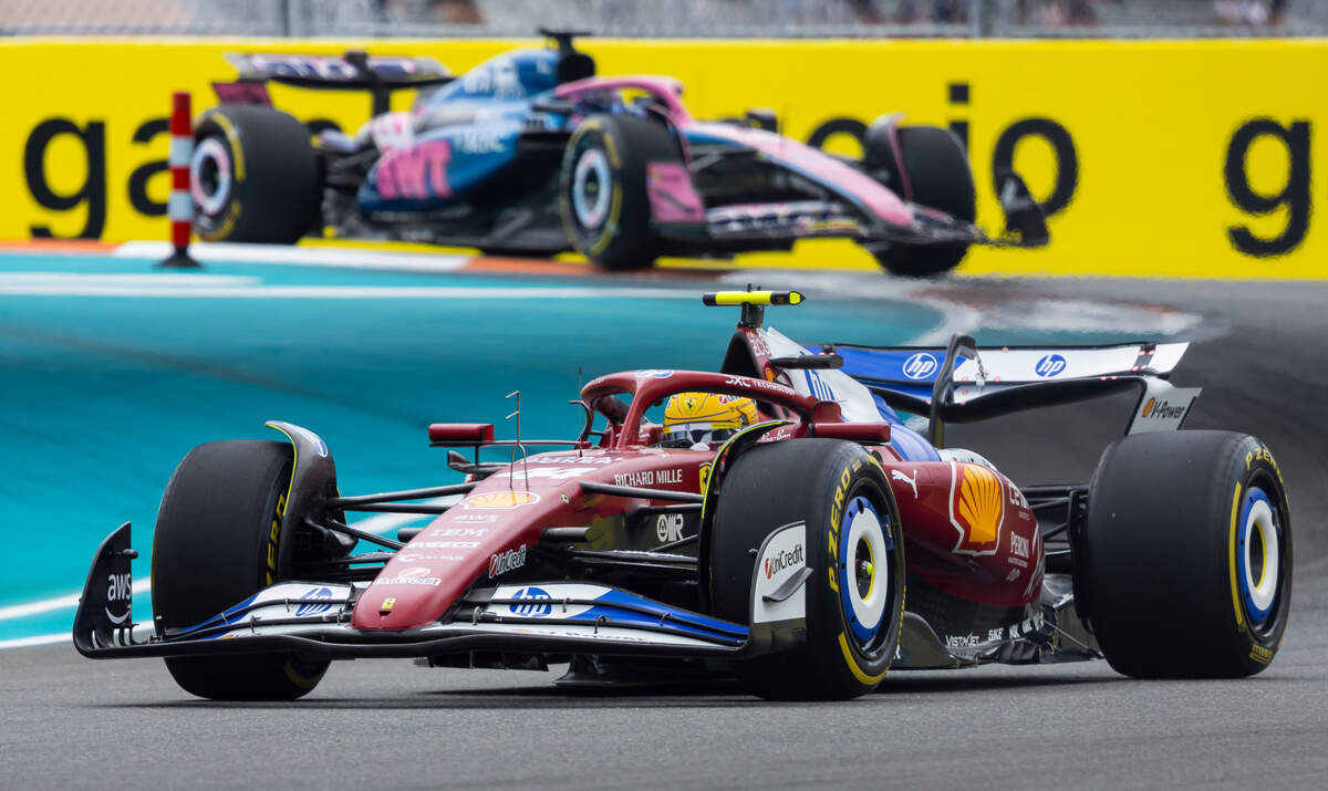 Scuderia Ferrari driver Lewis Hamilton of Britain takes a turn during a practice session on the first day of the Formula One Miami Grand Prix at the Miami International Autodrome on Friday, May 2, 2025, in Miami Gardens, Fla.