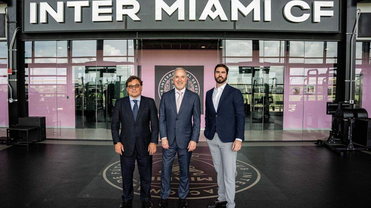 Raul Sanllehi (left) was hired as Inter Miami President of Football Operations and will serve as co-president with Xavi Asensi (right), who is President of Business Operations. They will report to managing owner Jorge Mas (middle).