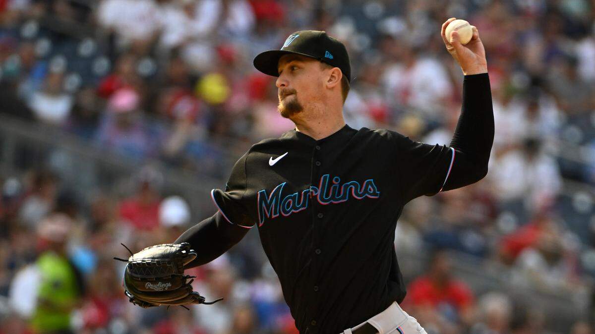 Jun 17, 2023; Washington, District of Columbia, USA; Miami Marlins starting pitcher Braxton Garrett (29) throws to the Washington Nationals during the second inning at Nationals Park. Mandatory Credit: Brad Mills-USA TODAY Sports