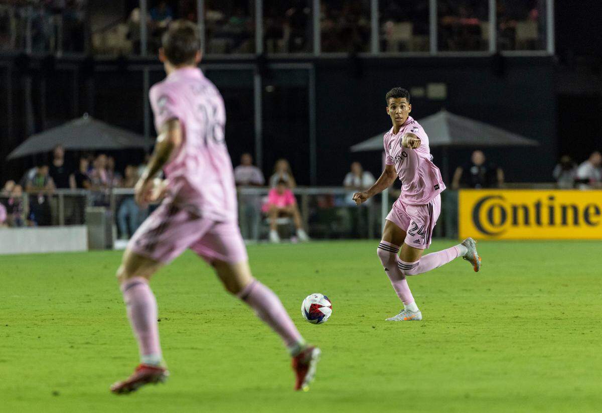Inter Miami defender Ian Fray (24) signals to midfielder Robert Taylor (16) before passing the ball against Orlando City in the second half of their MLS match at DRV PNK Stadium on Saturday, May 20, 2023, in Fort Lauderdale, Fla.