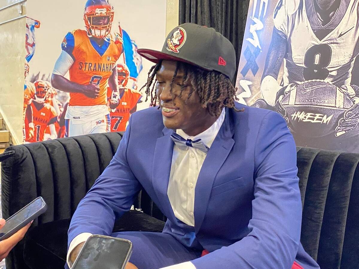Stranahan High 5-star wide receiver prospect Hykeem Williams speaks to reporters on Friday afternoon just after announcing his commitment to the Seminoles at a ceremony at the school’s gym in Fort Lauderdale.