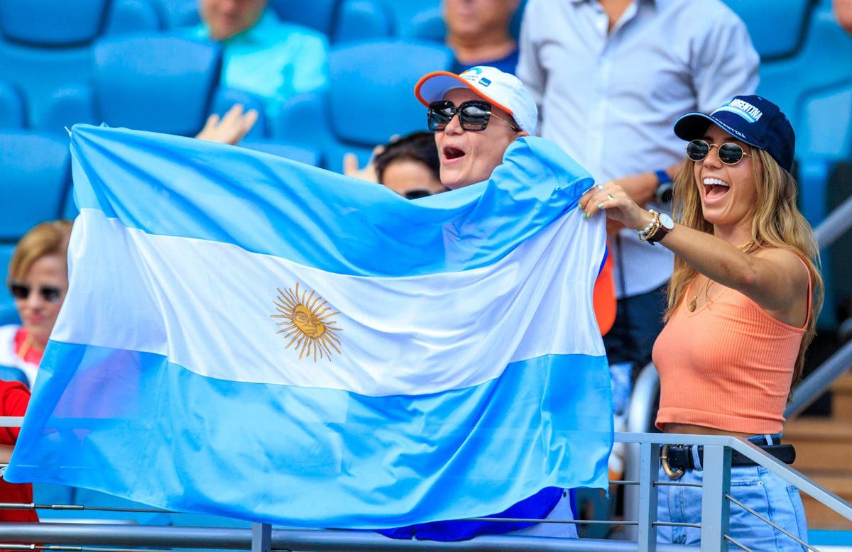 Argentines fans showing their support to Francisco Cerundolo of Argentina during the Miami Open tennis tournament match against Jannik Sinner of Italy at Hard Rock Stadium on Wednesday, March 30, 2022 in Miami Gardens, Fl.