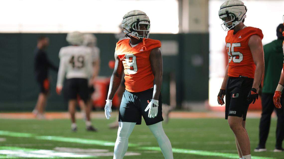 Miami Hurricanes tight end Elija Lofton (9) looks on during spring practice at the Carol Soffer Indoor Practice Facility at the University of Miami in Coral Gables, Florida, Monday, March 3, 2025.