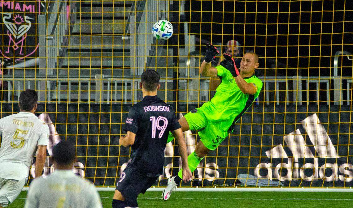 Inter Miami CF goalkeeper Luis Robles (31) stops a ball by Atlanta United FC midfielder Eric Remedi (5) during the first half of an MLS soccer match at Inter Miami CF Stadium on Wednesday, September 9, 2020, in Fort Lauderdale, Florida.