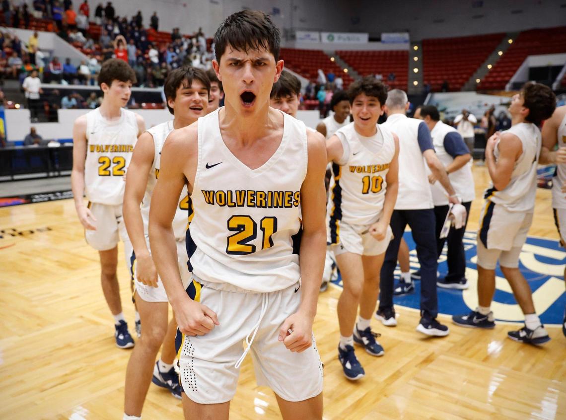 Belen Jesuit Prep Alejandro Lopez (21) reacts after scoring in the game’s final seconds, putting Belen in the lead and defeating Jones High School in the FHSAA 5A State Semifinals at the RP Funding Center in Lakeland, Florida on Thursday, March 2, 2023.