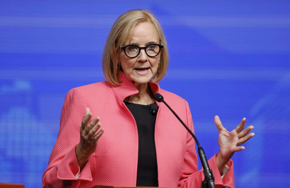 City of Miami mayoral candidate Eileen Higgins speaks during the Miami Mayoral Debate at the Ziff Ballet Opera House at the Adrienne Arsht Center in Miami, FL, on Thursday, October 16, 2025. 