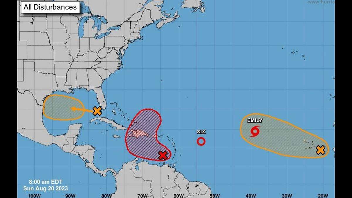 The updated 8 a.m. Atlantic Ocean system map with Tropical Storm Emily.