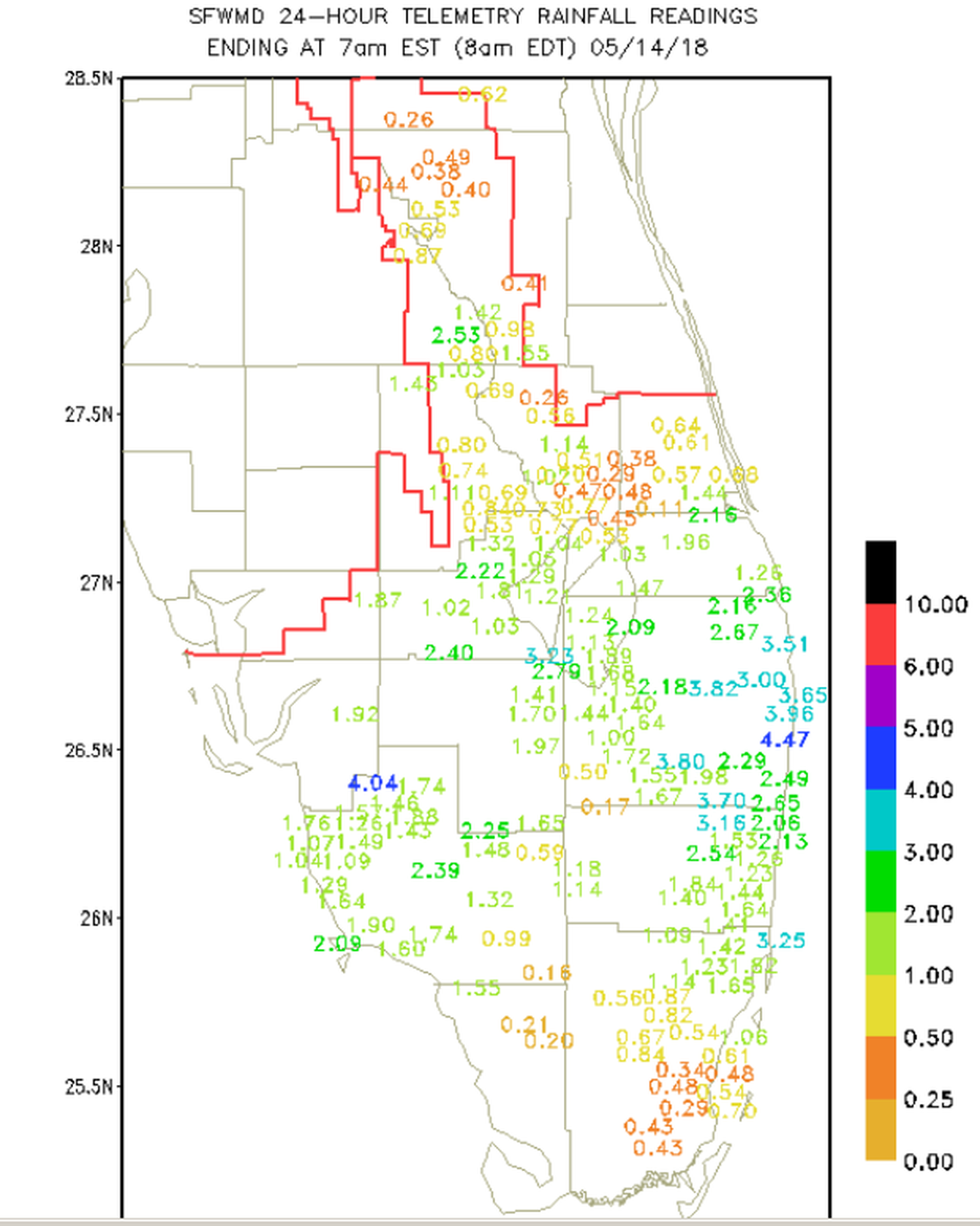 Some areas of South Florida got hit with heavy rain over the last 24 hours, including 3.25 inches in North Miami Beach and more than 3 inches in Pompano. Source: South Florida Water Management District.