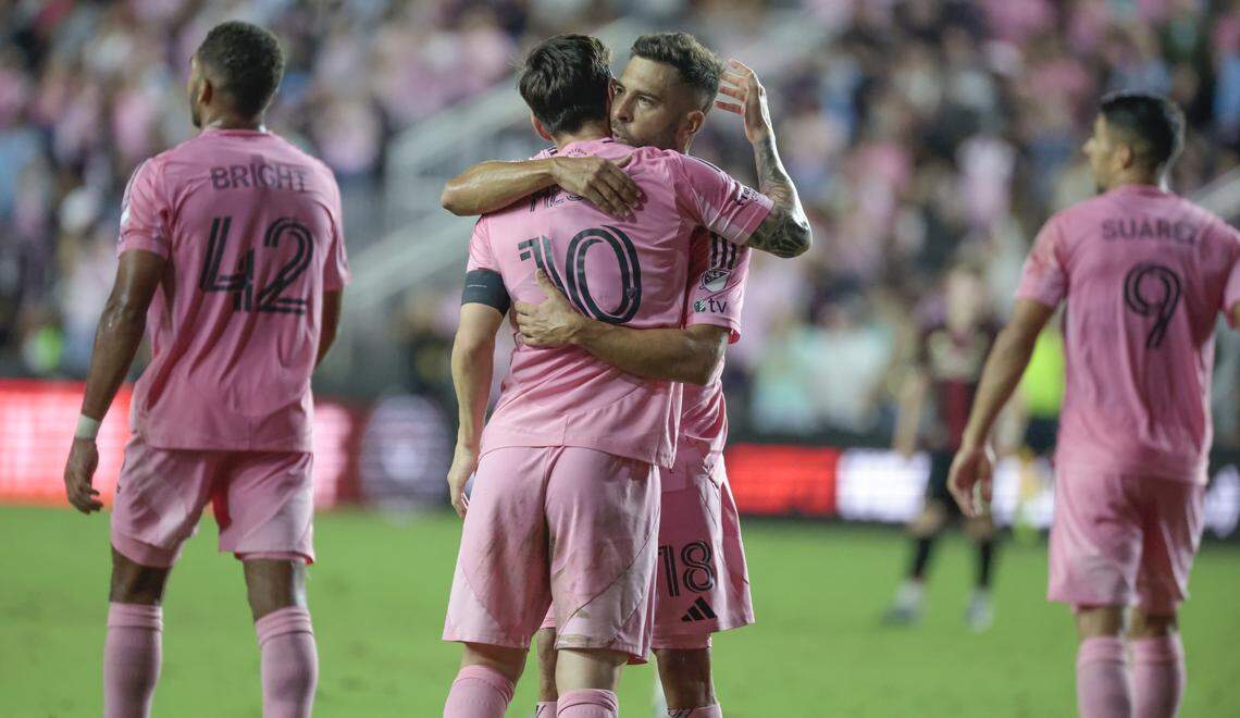 Inter Miami forward Lionel Messi (10) is hugged by defender Jordi Alba (18) after Messi scores against Atlanta United in the first half of their soccer match at Chase Stadium, Fort Lauderdale, FL, on Saturday, October 11, 2025.