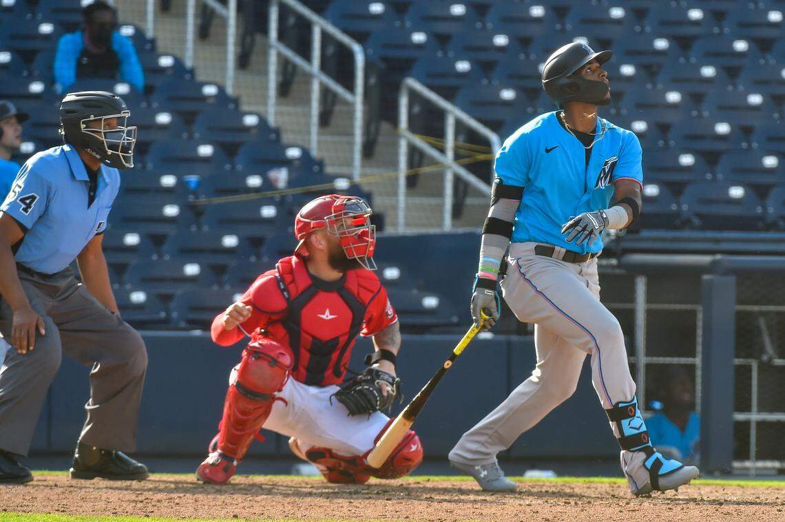 Lewin Diaz #68 of the Miami Marlins in action during the spring training game against the Washington Nationals at The Ballpark of The Palm Beaches on March 3, 2021 in West Palm Beach, Florida.