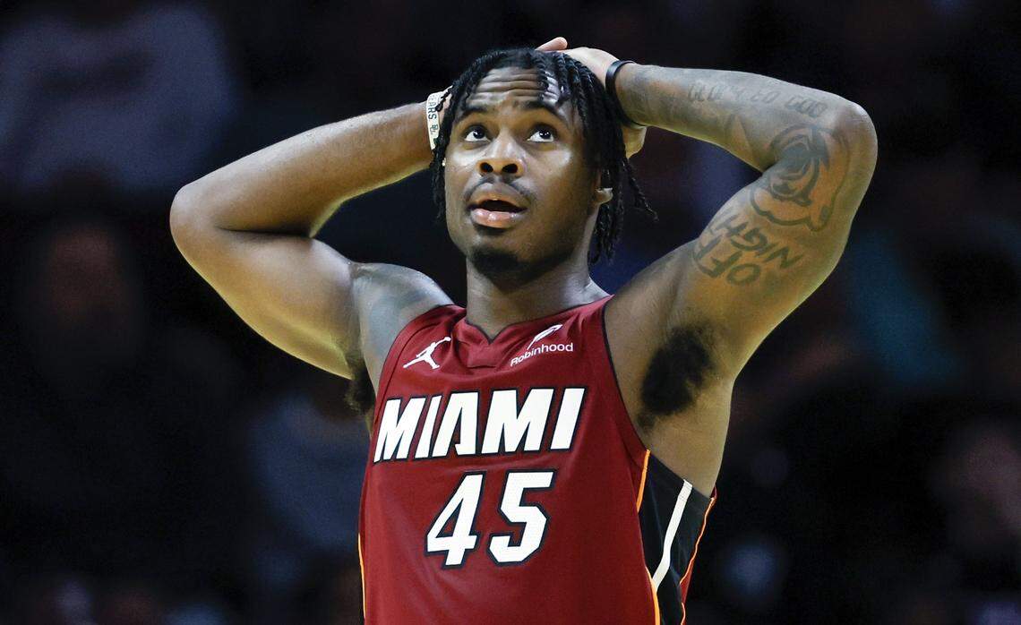 Miami Heat guard Davion Mitchell (45) on the court in the second half during the NBA basketball game against the Milwaukee Bucks at Kaseya Center in Miami on November 26, 2025.