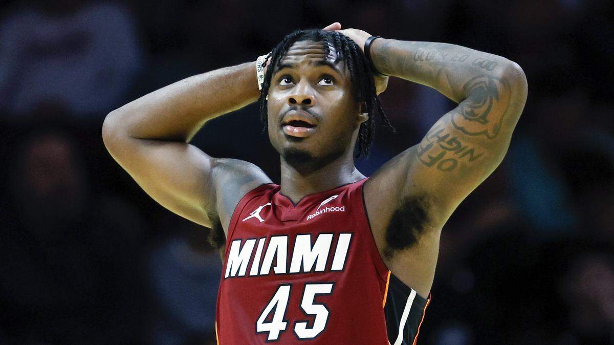 Miami Heat guard Davion Mitchell (45) on the court in the second half during the NBA basketball game against the Milwaukee Bucks at Kaseya Center in Miami on November 26, 2025.