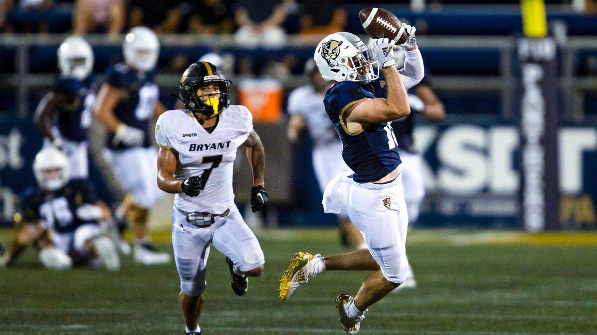 Florida International University wide receiver Ross Fournet (19) attempts to catch the ball during the second half of an NCAA Conference USA football game against Bryant University at Riccardo Silva Stadium in Miami, Florida, on Thursday, September 1, 2022.