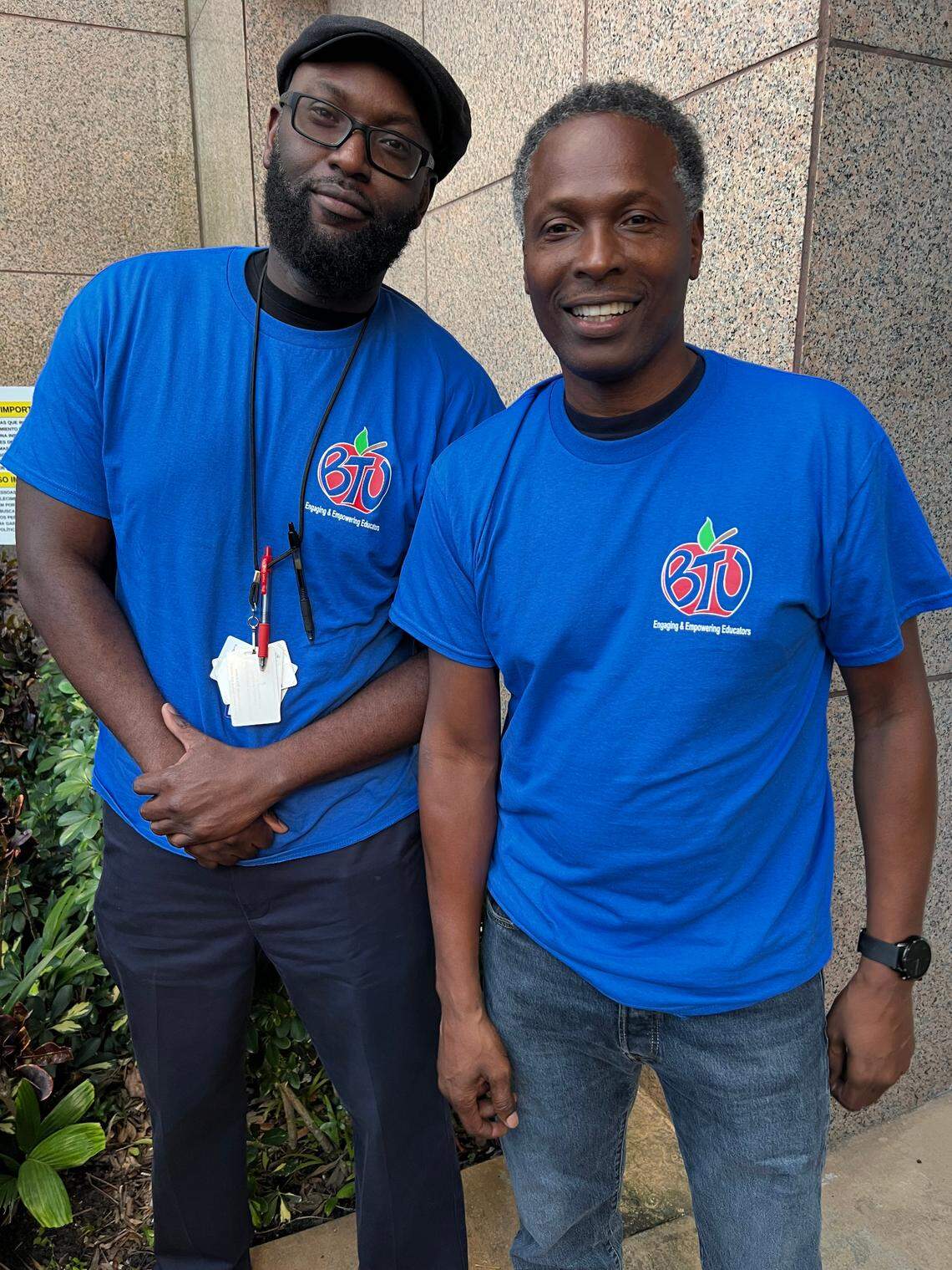 Erie Coney and Cal Alexis, teachers at Hollywood Hills High School in Broward, were at Wednesday’s rally at the Kathleen C. Wright Administration Center in Fort Lauderdale during the School Board meeting Wednesday, Nov. 8, 2023.