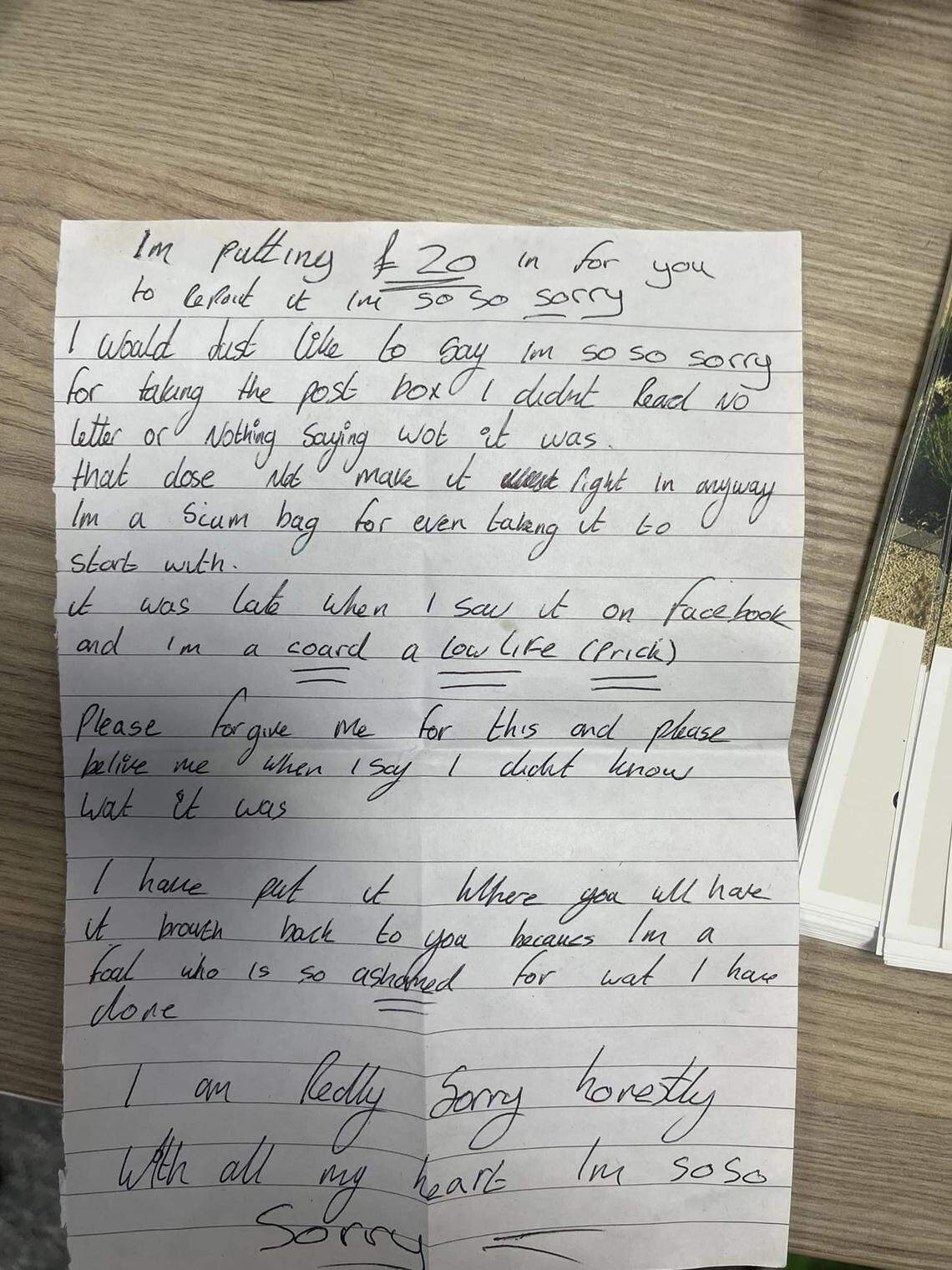 A note written by the thief to the funeral home.