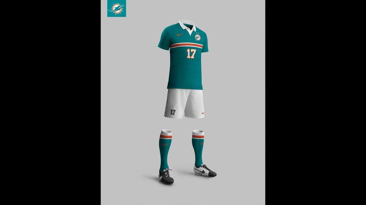 One of four Miami Dolphins-inspired soccer kit mockups.