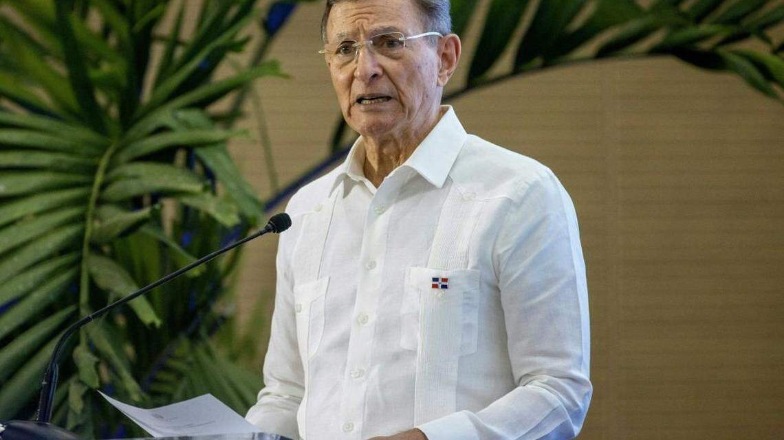 Dominican Foreign Minister Roberto Alvarez speaks during a meeting with Indian Foreign Minister Subrahmanyam Jaishankar (out of frame), in the framework of Jaishankar's official visit to Dominican Republic, in Santo Domingo on April 28, 2023. - Jaishankar's agenda included a discussion on India's foreign policy, where he will present his country's strategies to promote its participation in the international context and the inauguration of his country's embassy in the Dominican Republic. (Photo by Erika SANTELICES / AFP) (Photo by ERIKA SANTELICES/afp/AFP via Getty Images)