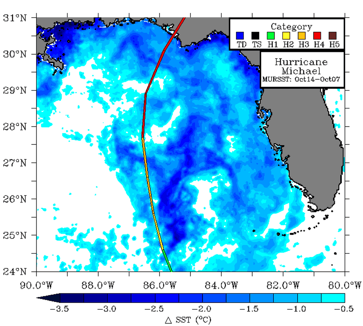 As Hurricane Michael crossed the Gulf of Mexico last month, it stirred up water as this temperature map reveals, cooling waters by 4.5 to 5.4 °F, and likely churning up the bottom-dwelling algae, amplifying the problem. Source: Jodi Brewster, University of Miami Rosenstiel School of Marine and Atmospheric Science.
