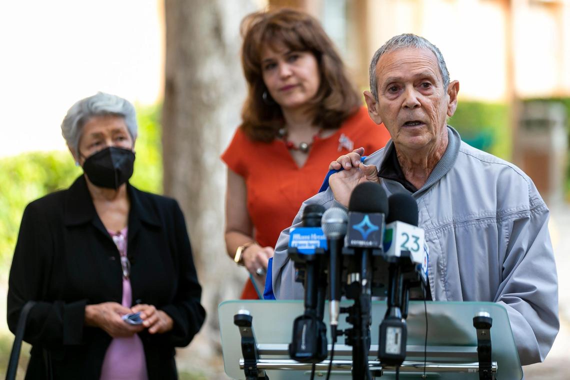 Ernesto Morejon, 77, a resident of the Haley SOFGE Towers, explains how his political affiliation was changed from Democrat to Republican without his consent. Florida Sen. Annette Taddeo spoke about claims of voter affiliation changes during a press conference outside of the Haley SOFGE Towers in Miami’s Little Havana neighborhood on Friday, February 11, 2022.
