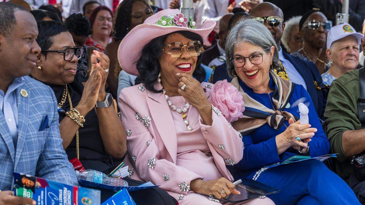 Miami-Dade Mayor Daniella Levine Cava (far right) joined U.S. Rep. Frederica Wilson as she announced that she will not be seeking re-election in the midterm election, during a street naming event next to the Dr. Frederica S. Wilson/Skyway Elementary School in Miami Gardens, in recognition of her decades of service to South Florida, on Friday, May 29, 2026.