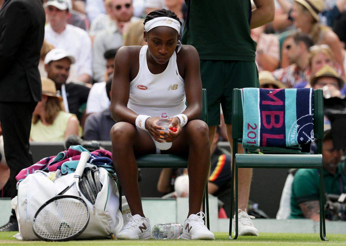 United States’ Cori “Coco” Gauff is dejected after losing to Romania’s Simona Halep in a women’s singles match against on day seven of the Wimbledon Tennis Championships in London, Monday, July 8, 2019.