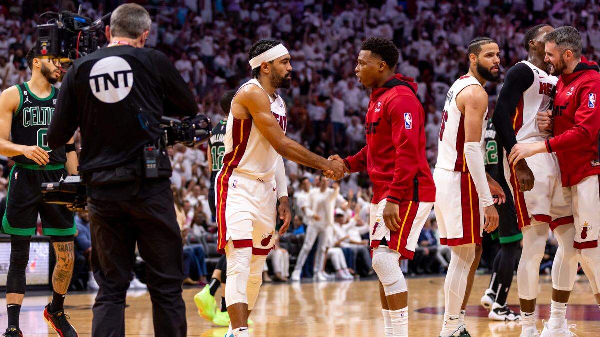 Miami Heat point guards Gabe Vincent (2) and Kyle Lowry (7) react during the fourth quarter of Game 3 of the NBA Eastern Conference Finals series against the Boston Celtics at Kaseya Center in Miami, Florida, on May 21, 2023.