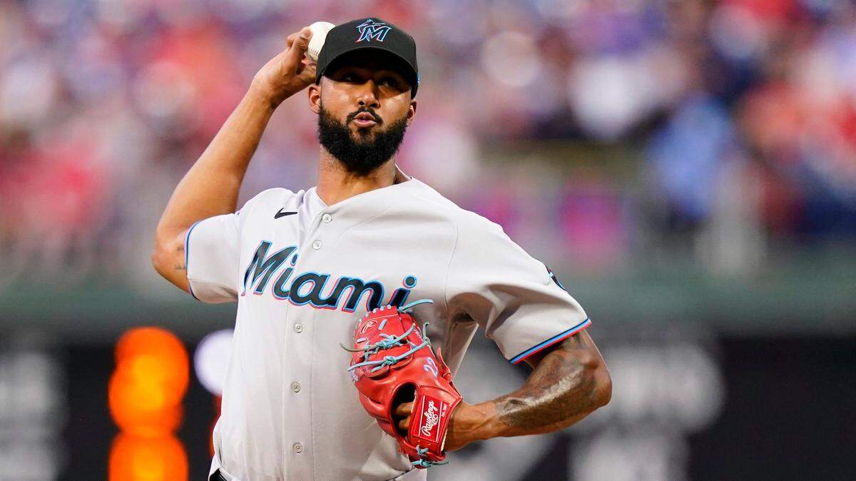 Miami Marlins’ Sandy Alcantara pitches during the second inning of a baseball game against the Philadelphia Phillies, Wednesday, Aug. 10, 2022, in Philadelphia. (AP Photo/Matt Slocum)