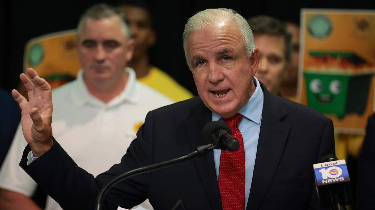 Rep. Carlos Gimenez, who represents Florida's 28th Congressional District, speaks to reporters to express his opposition to a budget plan by Miami-Dade County Mayor Daniella Levine Cava during a press conference at the Metro-Dade Firefighters Local 1403 union headquarters at 8000 NW 21 St. in Doral, Florida, Thursday, August 28, 2025. 

