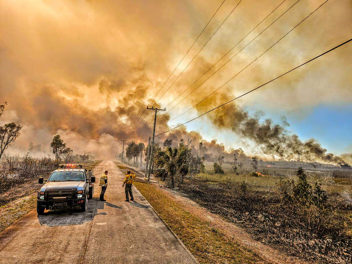A large brush fire on Card Sound Road in south Miami-Dade near Florida City on Tuesday, March 18, 2025, has closed Card Sound Road and led to intermittent closures of U.S. 1 heading into the Florida Keys. As of Wednesday, only about 20 percent of the fire was contained.
