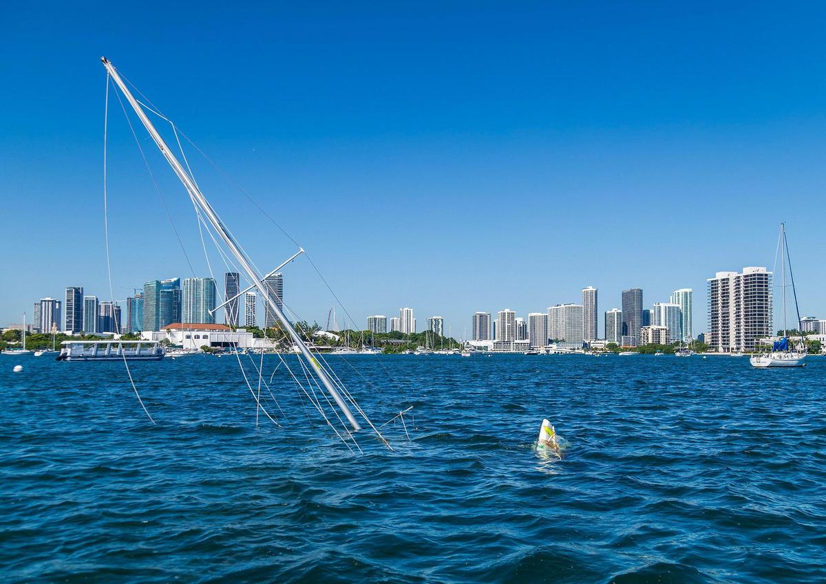 View of a mast from a sunken boat on the Watson Island anchorage area in Miami, seen during a press event held by the Florida Fish and Wildlife Conservation Commission, along with the city of Miami and Miami-Dade County police departments, to announce a combined effort underway this week to document both derelict vessels in South Florida, and those at risk of becoming derelict, on Tuesday, October 17, 2023.