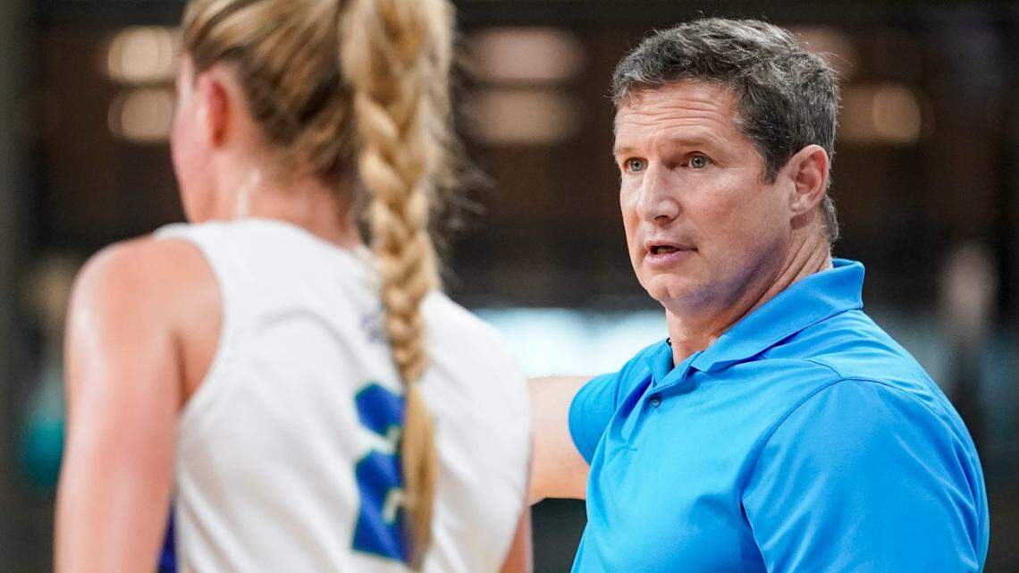 Florida Gulf Coast Eagles head coach Karl Smesko talks with guard Sofia Persson (2) during the first quarter of the ASUN conference tournament semifinal against the Austin Peay Lady Governors at Alico Arena in Fort Myers on Tuesday, March 12, 2024. Smesko is among the candidates to replace Katie Meier at the University of Miami.
