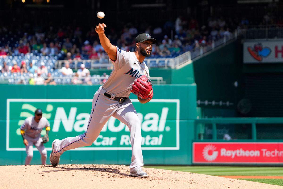 Sep 3, 2023; Washington, District of Columbia, USA; Miami Marlins pitcher Sandy Alcantara (22) delivers a pitch against the Washington Nationals during the first inning at Nationals Park.