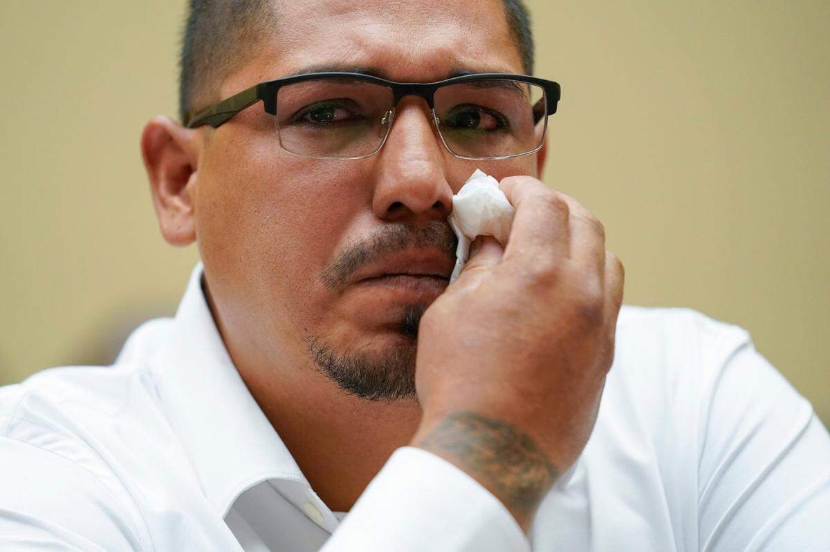 Miguel&nbsp;Cerrillo, father of Miah Cerrillo a fourth-grade student at Robb Elementary School in Uvalde, Texas, wipes a tear from his face as he testifies during a House Committee on Oversight and Reform hearing on gun violence on Capitol Hill in Washington on Wednesday, June 8, 2022. 