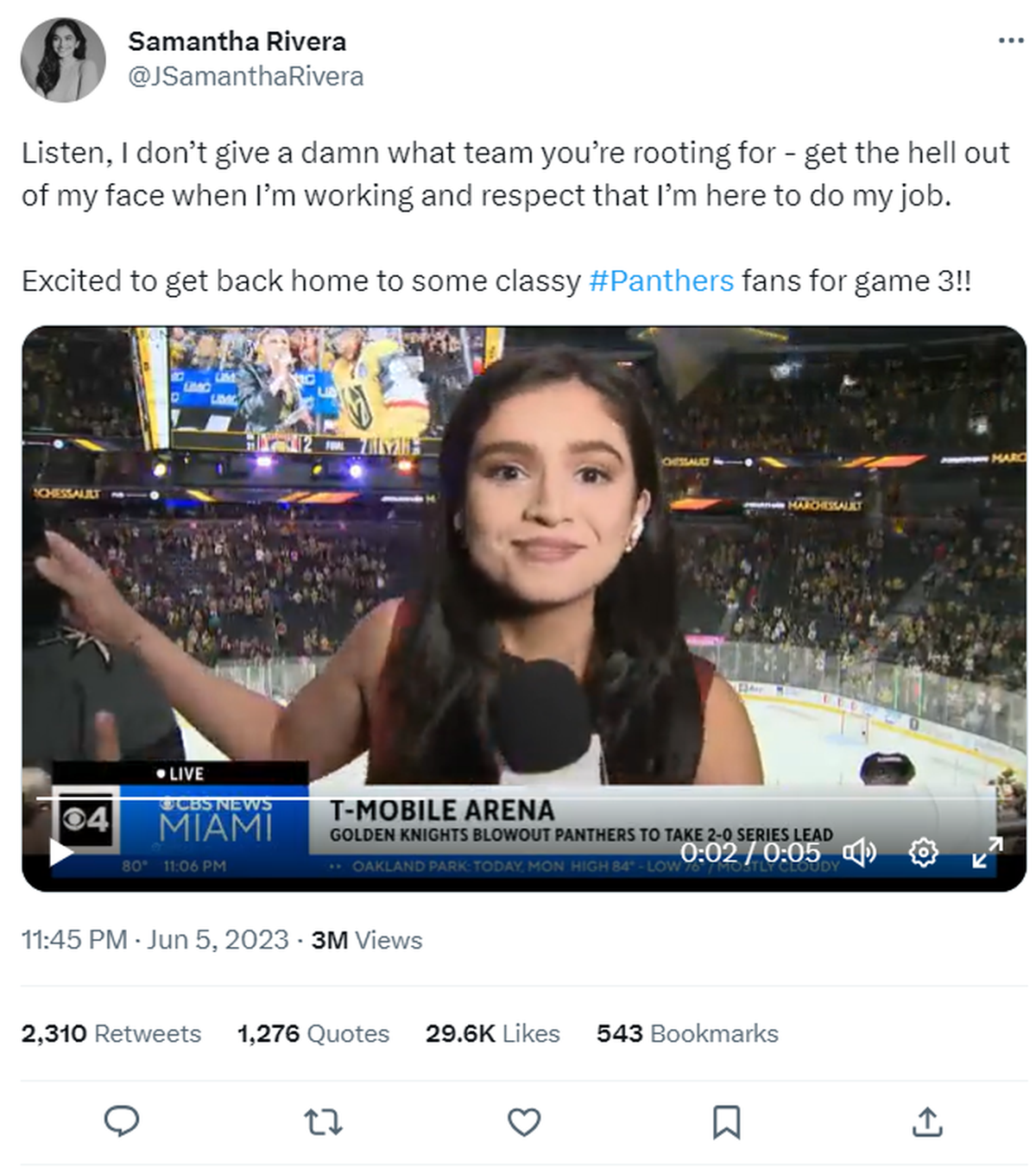 CBS Miami reporter Samantha Rivera blocked a Vegas Golden Knights fan from crashing her live TV report of the Florida Panthers’ Game 2 loss in the Stanley Cup Final.