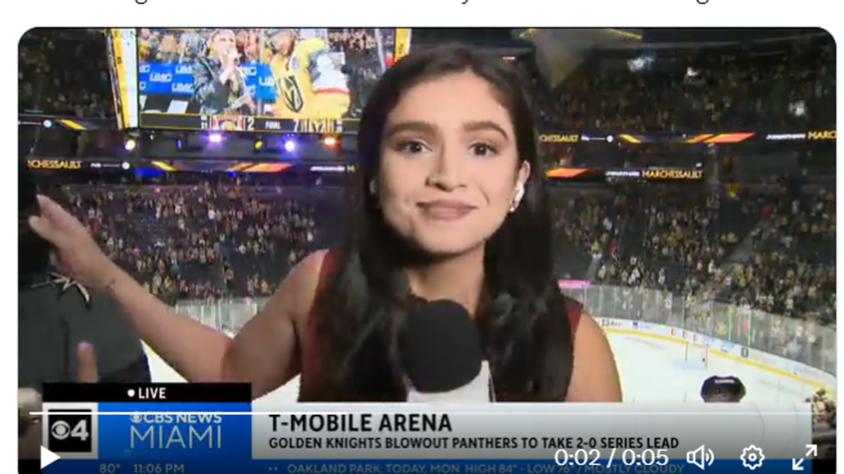 CBS Miami reporter Samantha Rivera blocked a Vegas Golden Knights fan from crashing her live TV report of the Florida Panthers’ Game 2 loss in the Stanley Cup Final.