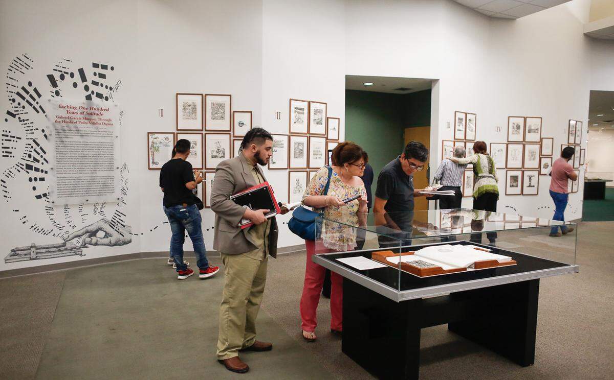 Artist Pedro Villalba Ospina’s work, including 175 drawings and etchings, are unveiled at the exhibit opening to commemorate the 50th anniversary of “One Hundred Years of Solitude” by Gabriel García Márquez.