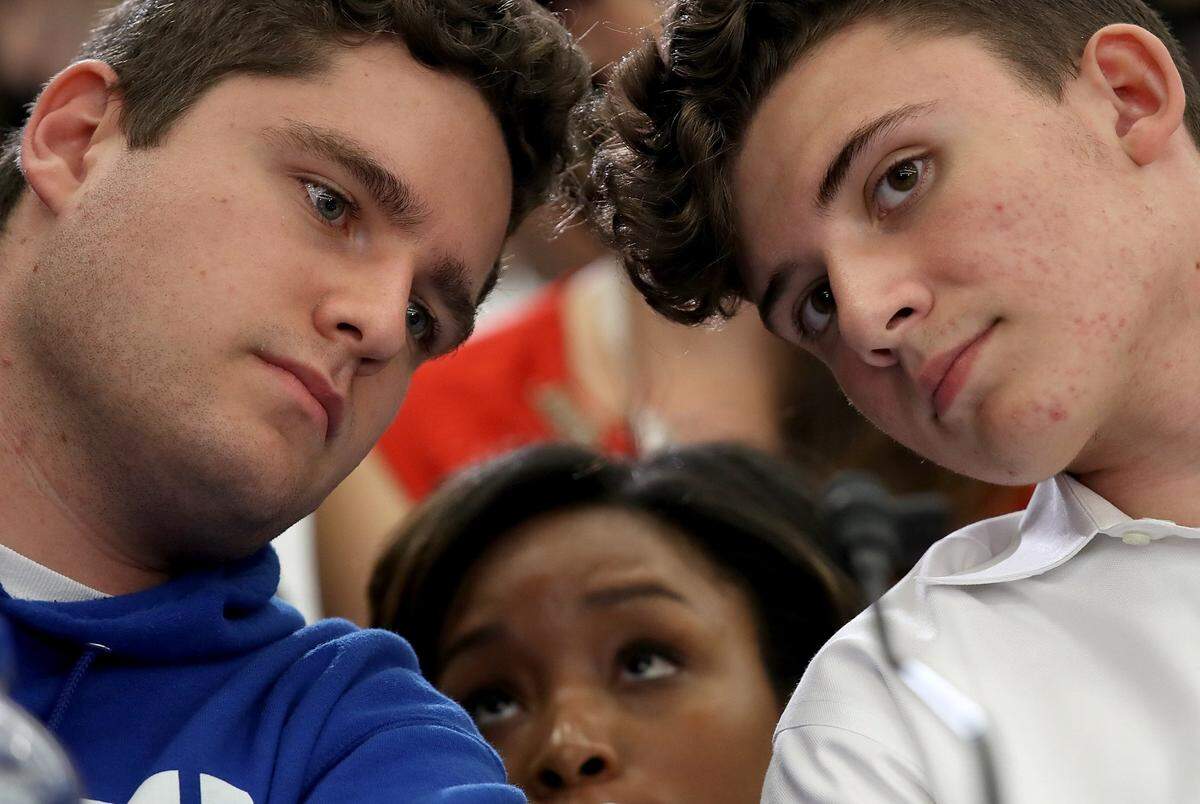 Charlie Mirsky, left, and Alfonso Calderson, confer during a gun violence forum on Capitol Hill on May 23, 2018, the day before the huge 'March for Our Lives' rally in the nation's capital. Mirsky, who attended Spanish River High School in Boca Raton, has become a Washington lobbyist for the Parkland-based March for Our Lives group.