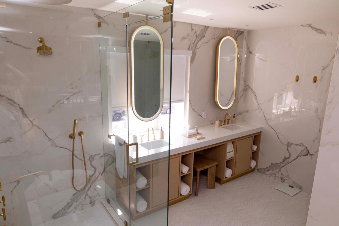 An interior shot of the hotel room named Bianca Allegra’’s bathroom at Donatella on Thursday, May 1, 2025, in Miami Beach, Fla.