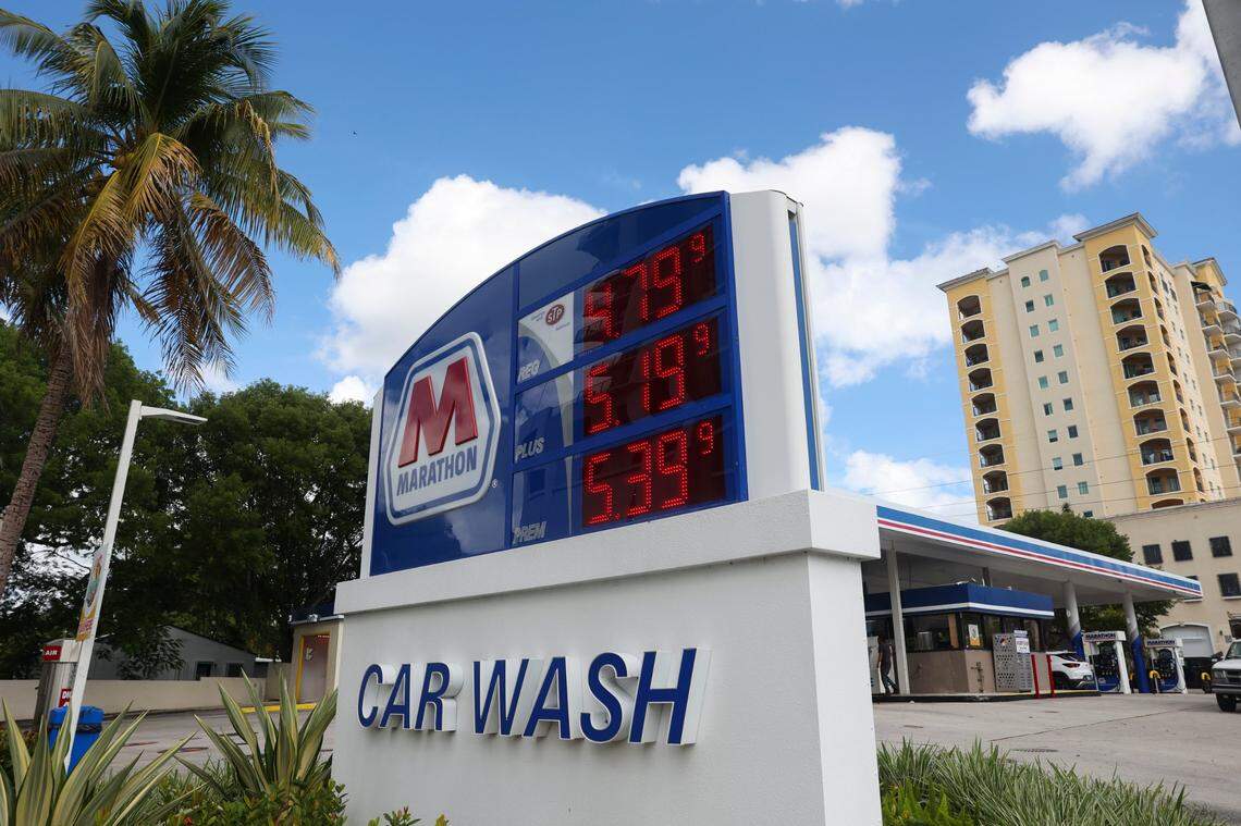 The sign of the Marathon gas station shows gas prices, which have dropped before the Fourth of July weekend, on Tuesday, June 28, 2022, in Coral Gables on Southwest 137th Street.