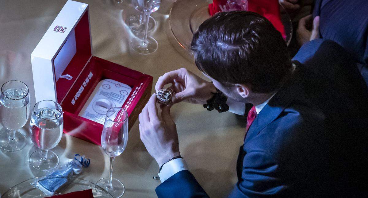 Fort Lauderdale, FL, October 6, 2025 - Panthers Goalie Sergei Bobrovsky examines his new andd second Championship ring during a private championship ring ceremony at War Memorial Auditorium.