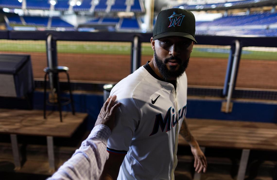 Miami Marlins pitcher Sandy Alcántara leaves the dugout after speaking with the press during his team’s media day at loanDepot park on Friday, Feb. 7, 2025, in Miami, Fla.