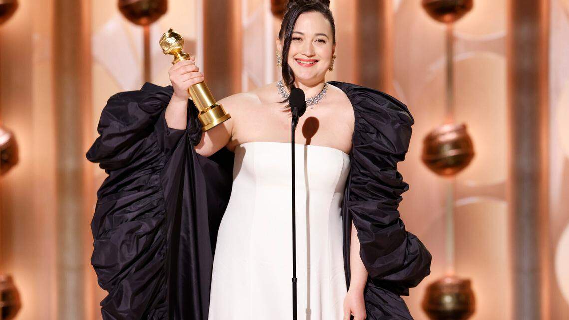 Lily Gladstone accepts the award for best female actor in a motion picture - drama for her role in “Killers of the Flower Moon” during the 81st Annual Golden Globe Awards. (Sonja Flemming/CBS via AP)