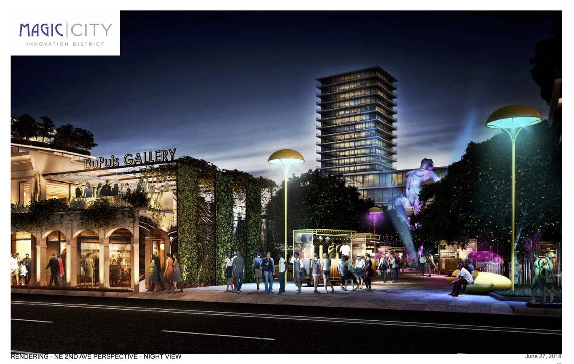 Artist rendering of the NE Second Avenue entrance and the DuPuis building at the Magic City Innovation District development in Miami’s Little Haiti neighborhood.