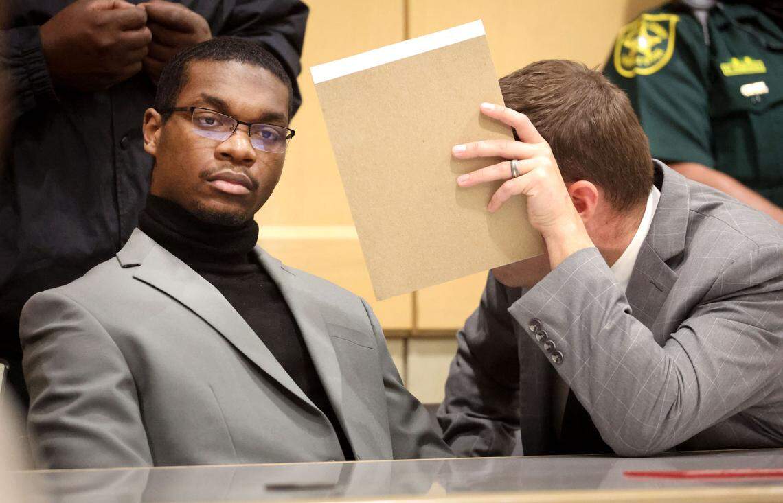 Shooting suspect Michael Boatwright listens to his attorney Joseph Kimok after he was found guilty of first-degree murder of emerging rapper XXXTentacion at the Broward County Courthouse in Fort Lauderdale on Monday, March 20, 2023. XXXTentacion, born Jahseh Onfroy, 20, was killed during a robbery outside of Riva Motorsports in Deerfield Beach in 2018.